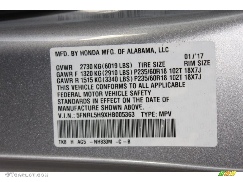2017 Odyssey Color Code NH830M for Lunar Silver Metallic Photo #118426747