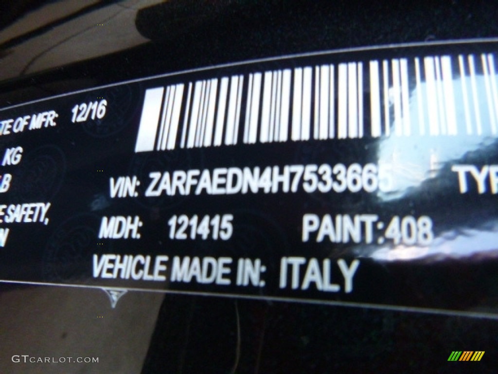 2017 Giulia Color Code 408 for Vulcano Black Metallic Photo #118472109