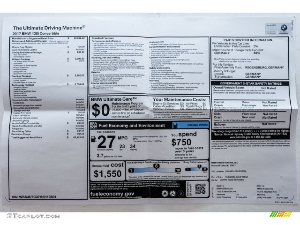 2017 BMW 4 Series 430i xDrive Convertible Window Sticker Photos