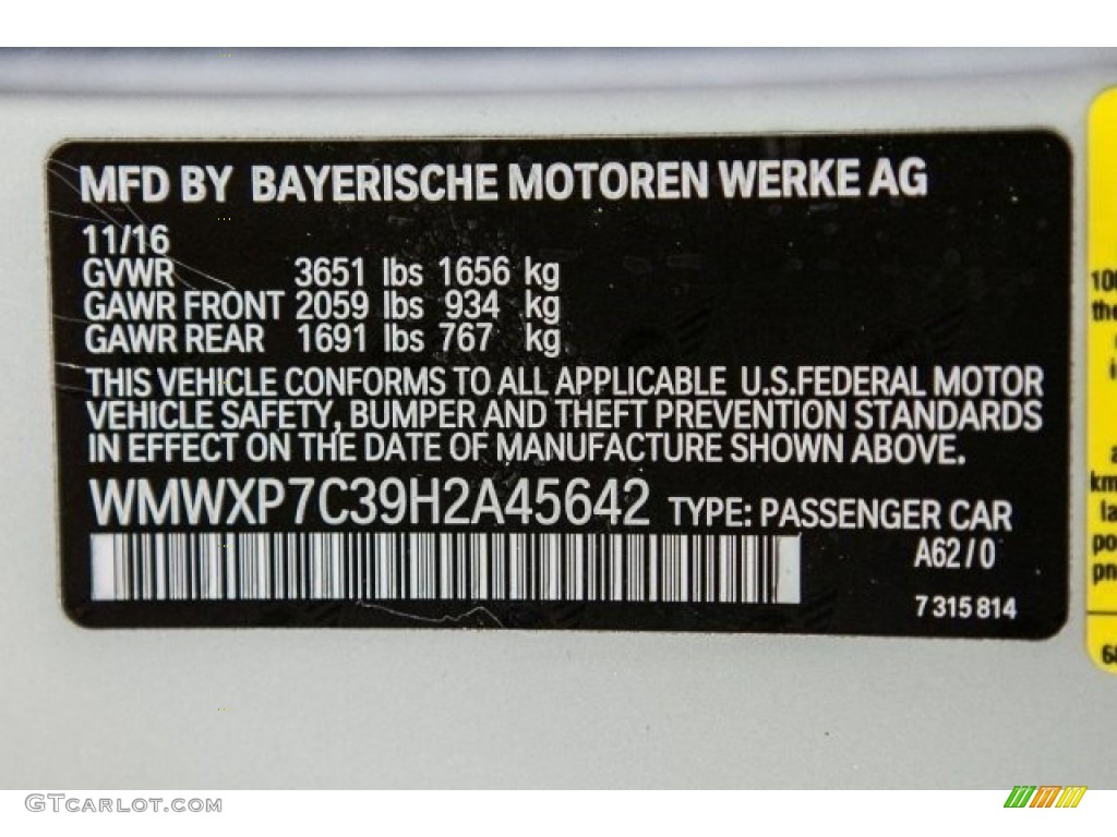 2017 Hardtop Color Code A62 for White Silver Metallic Photo #118475781