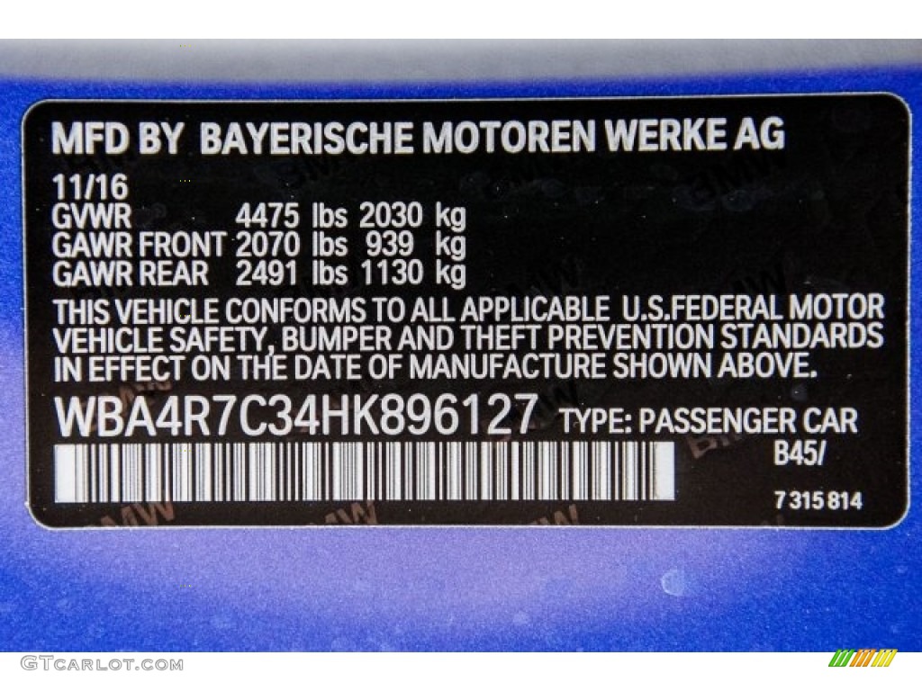 2017 4 Series Color Code B45 for Estoril Blue Metallic Photo #118486530