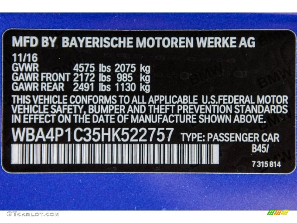 2017 4 Series Color Code B45 for Estoril Blue Metallic Photo #118486755
