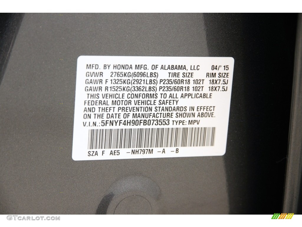 2015 Pilot Touring 4WD - Modern Steel Metallic / Gray photo #26