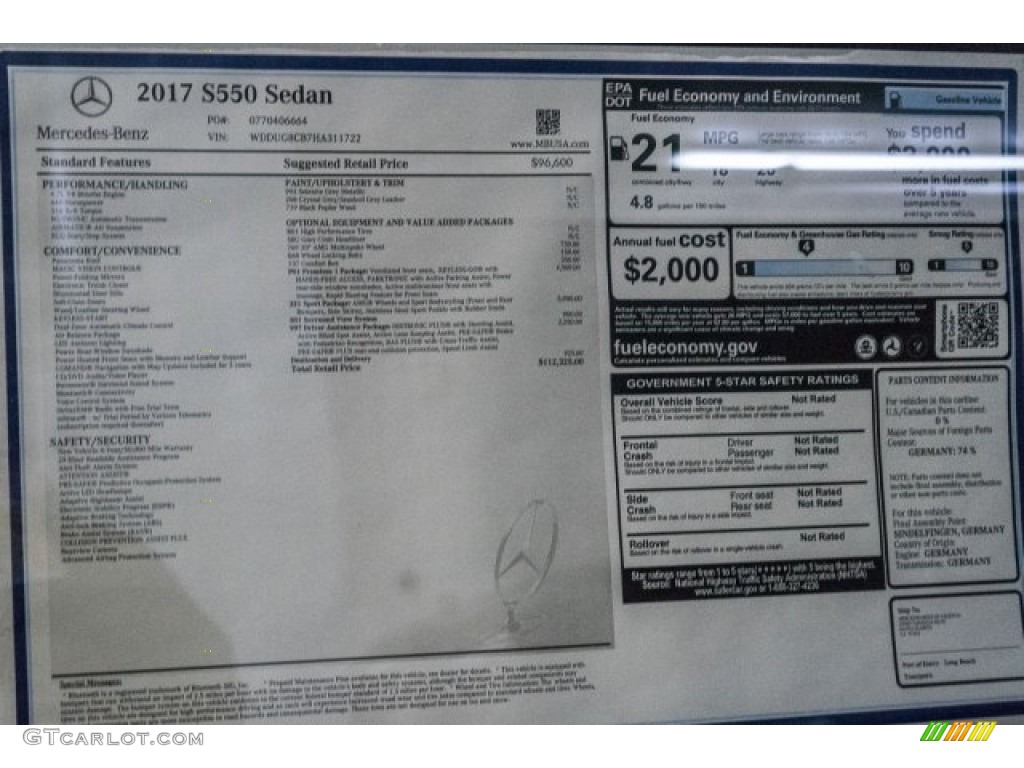 2017 Mercedes-Benz S 550 Sedan Window Sticker Photo #118510827