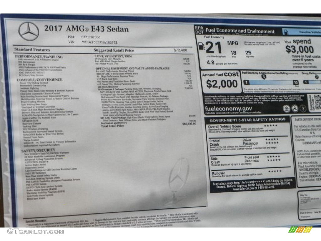 2017 Mercedes-Benz E 43 AMG 4Matic Sedan Window Sticker Photo #118511031