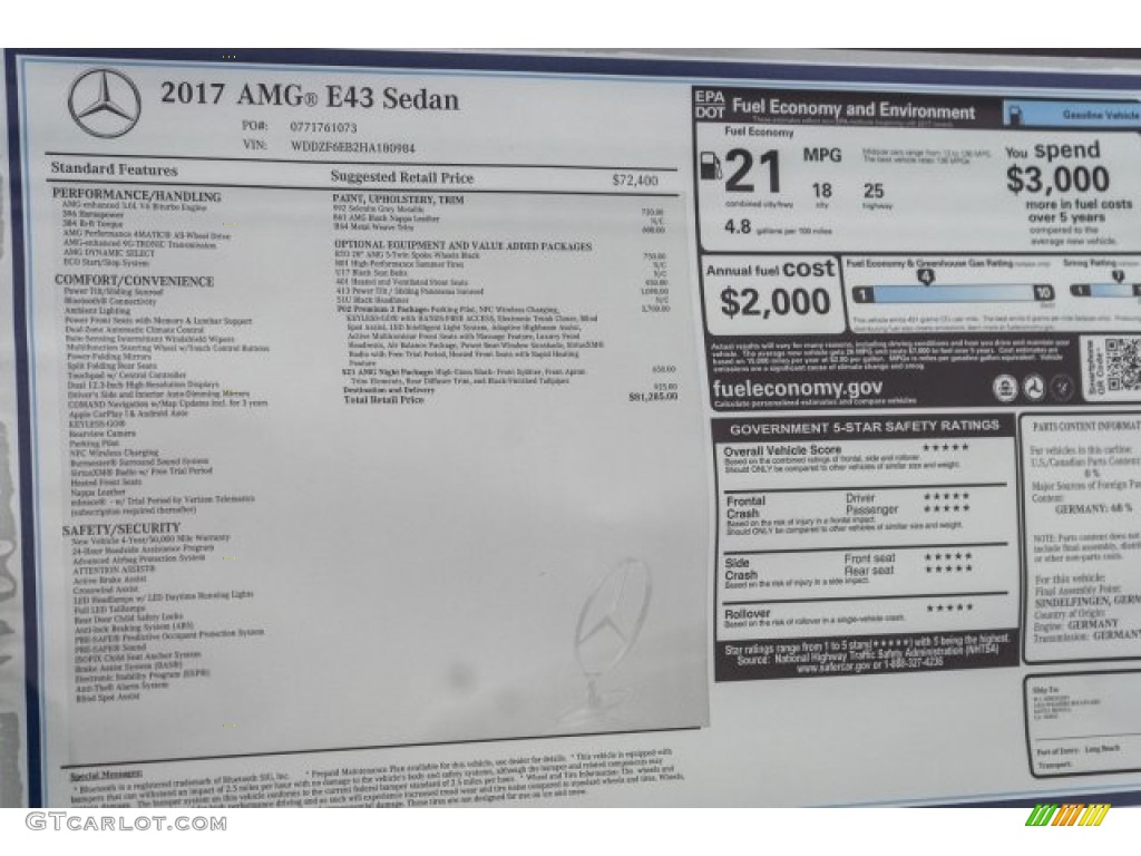 2017 Mercedes-Benz E 43 AMG 4Matic Sedan Window Sticker Photo #118511415