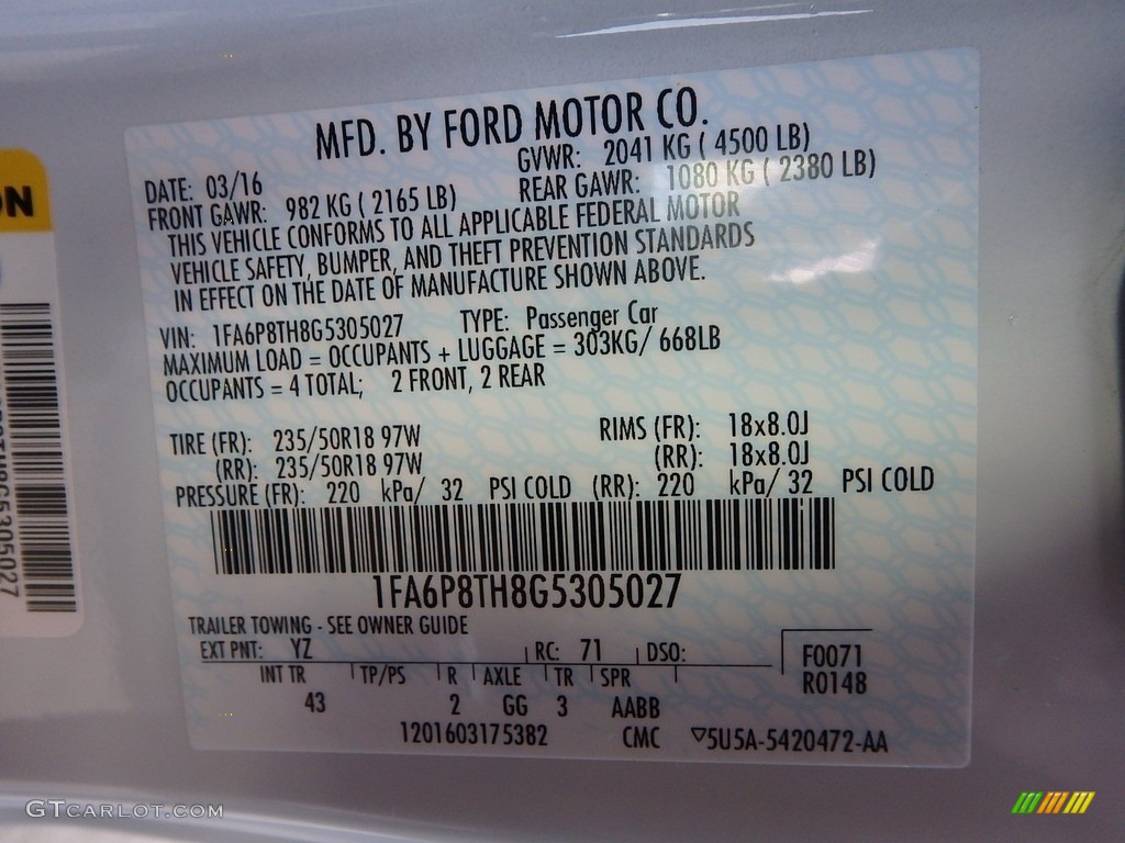 2016 Mustang Color Code YZ for Oxford White Photo #118536848