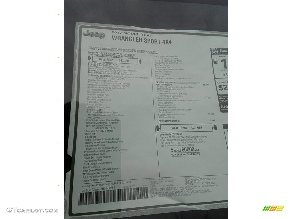 2017 Wrangler Sport 4x4 - Black / Black photo #22