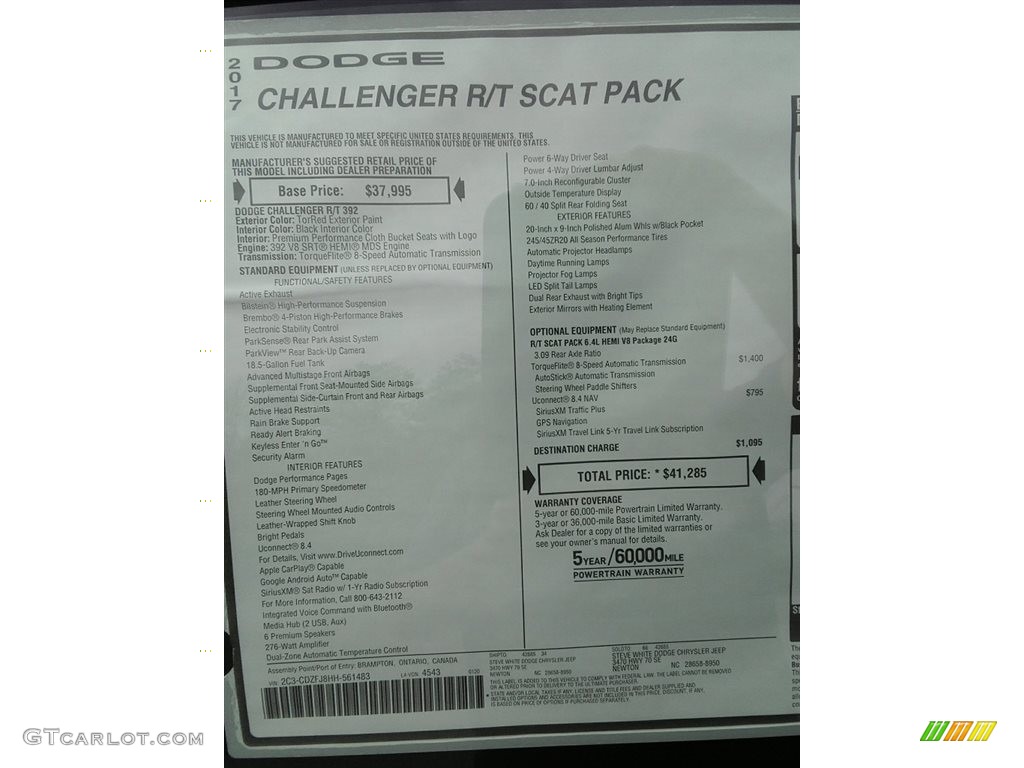 2017 Dodge Challenger R/T Scat Pack Window Sticker Photo #118587619