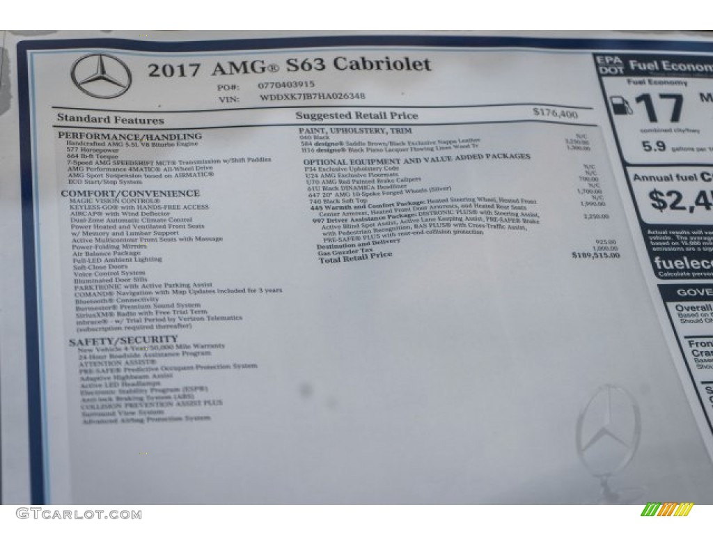 2017 Mercedes-Benz S 63 AMG 4Matic Cabriolet Window Sticker Photo #118609922