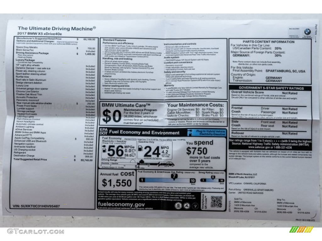 2017 BMW X5 xDrive40e iPerformance Window Sticker Photo #118611035
