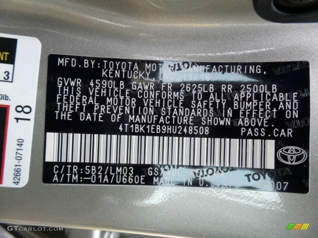 2017 Toyota Avalon Limited Color Code Photos