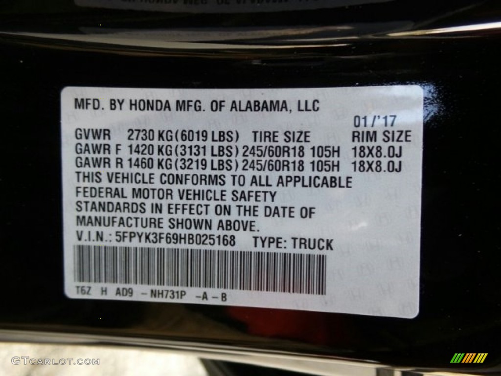 2017 Honda Ridgeline RTL-T AWD Color Code Photos