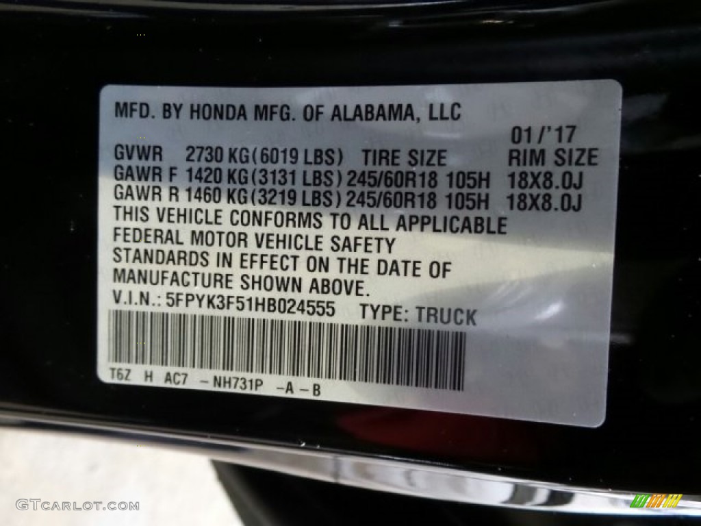 2017 Ridgeline Color Code NH731P for Crystal Black Pearl Photo #118631797