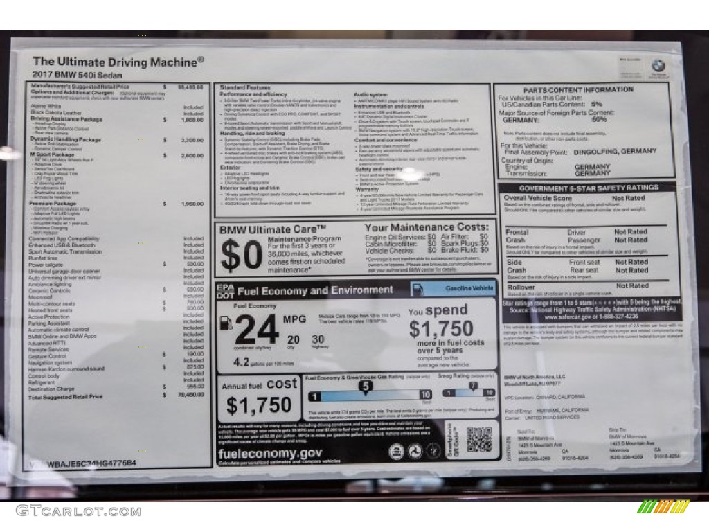 2017 BMW 5 Series 540i Sedan Window Sticker Photo #118654148