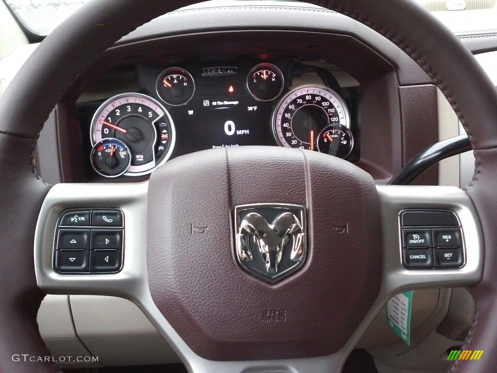 2017 Ram 3500 Laramie Crew Cab 4x4 Dual Rear Wheel Canyon Brown/Light Frost Beige Steering Wheel Photo #118654609