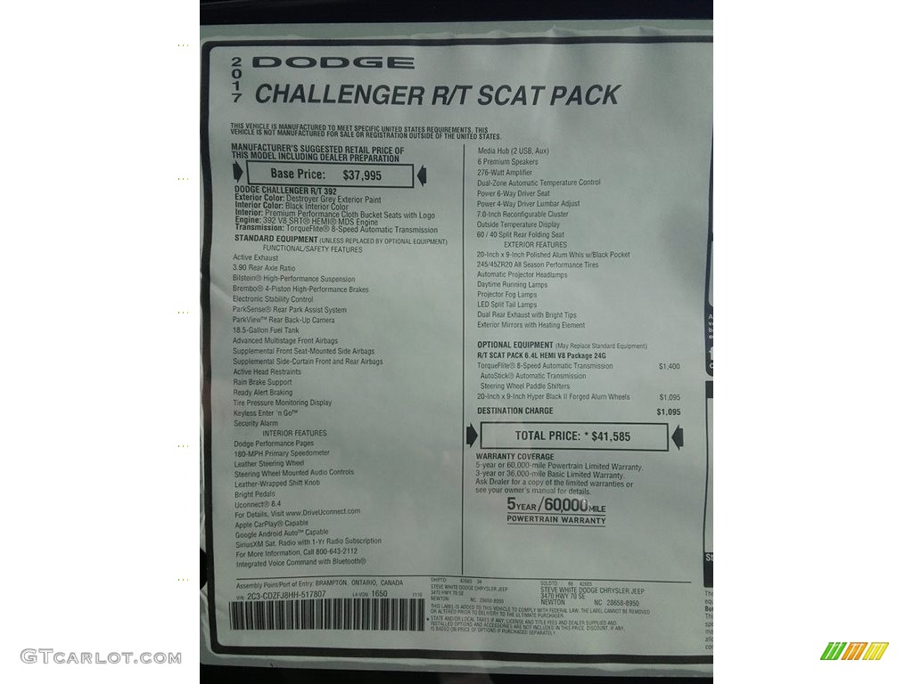 2017 Dodge Challenger R/T Scat Pack Window Sticker Photos