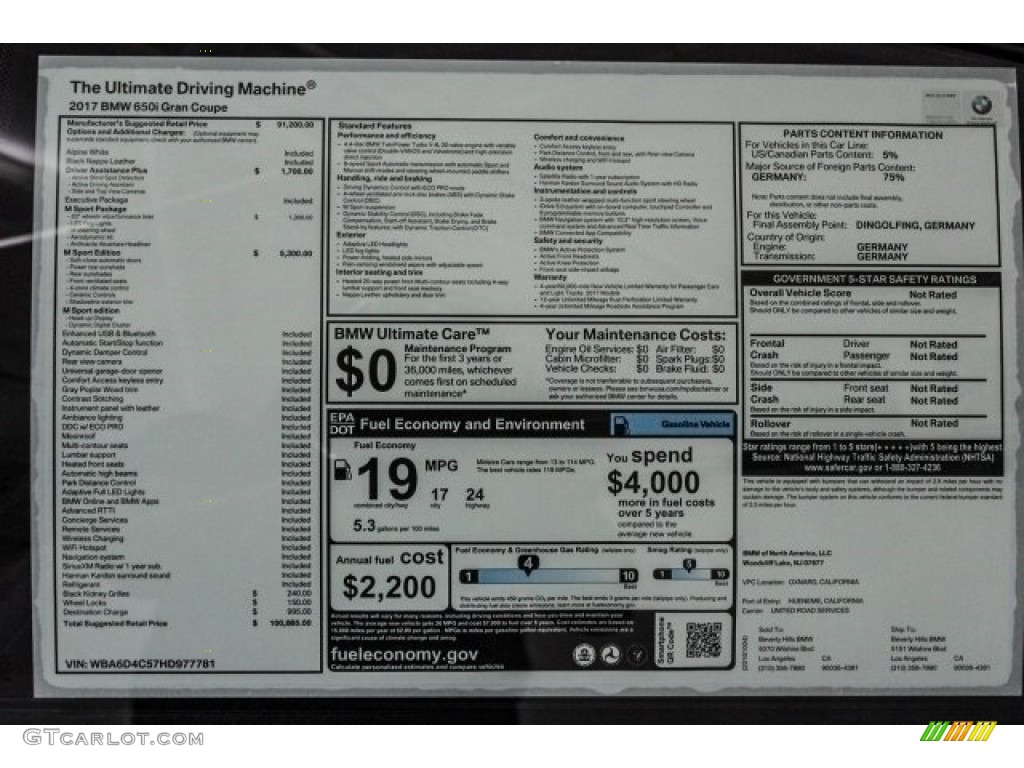2017 BMW 6 Series 650i Gran Coupe Window Sticker Photo #118656986