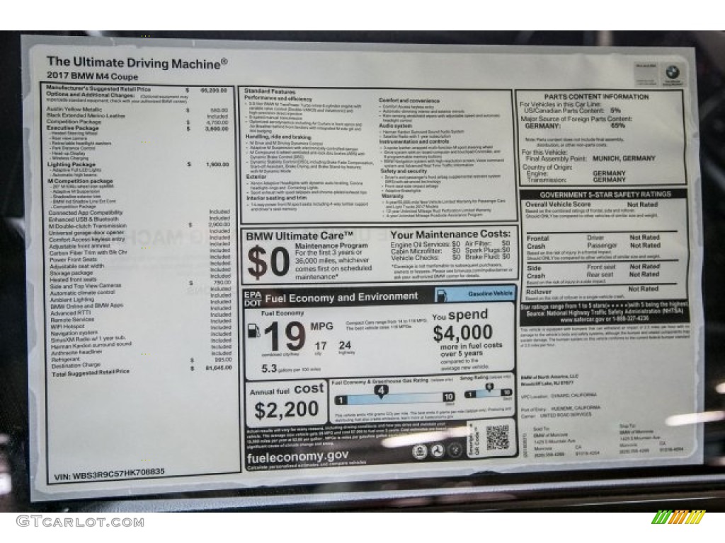 2017 BMW M4 Coupe Window Sticker Photo #118659803