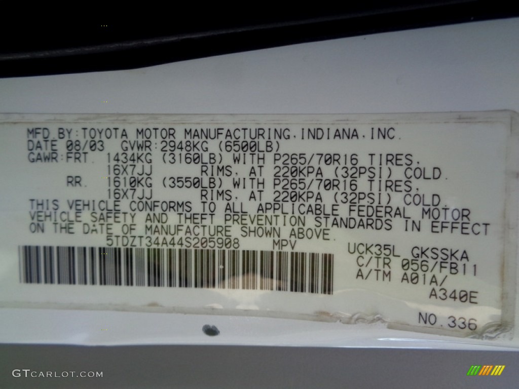 2004 Toyota Sequoia SR5 Color Code Photos