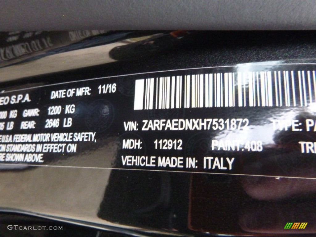 2017 Giulia Color Code 408 for Vulcano Black Metallic Photo #118671063
