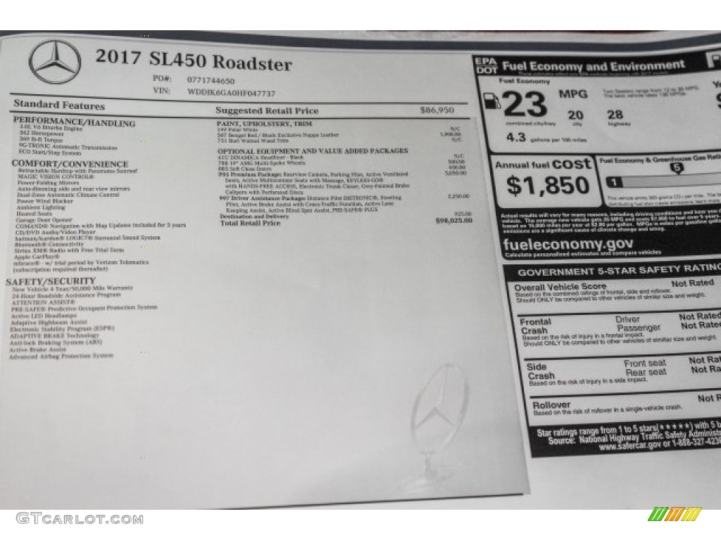 2017 Mercedes-Benz SL 450 Roadster Window Sticker Photo #118705410