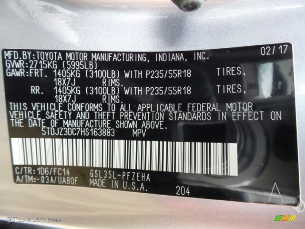 2017 Toyota Sienna LE AWD Color Code Photos