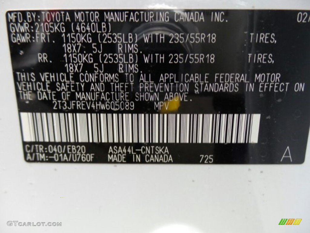 2017 RAV4 Color Code 040 for Super White Photo #118717881