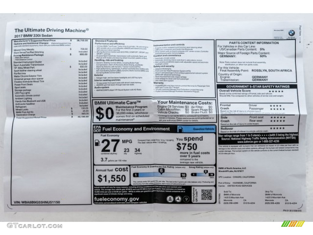 2017 BMW 3 Series 330i Sedan Window Sticker Photo #118729461