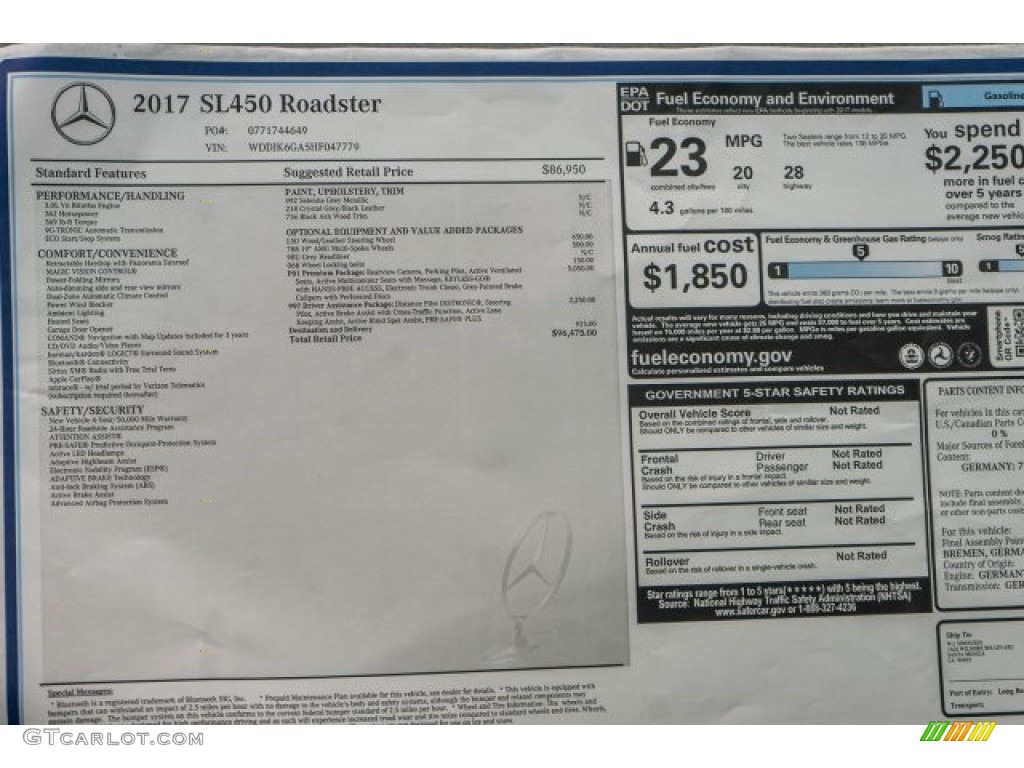 2017 Mercedes-Benz SL 450 Roadster Window Sticker Photo #118734726