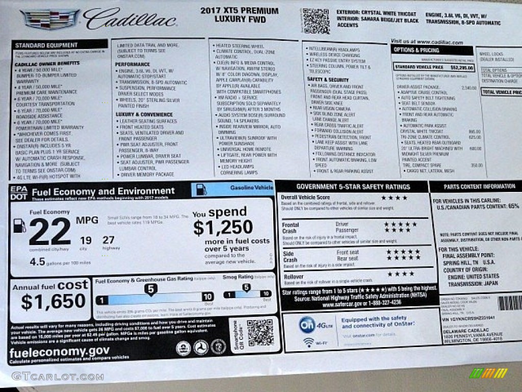 2017 Cadillac XT5 Premium Luxury Window Sticker Photo #118780216