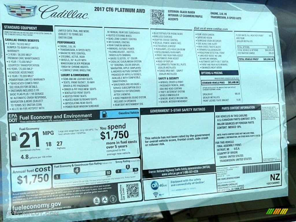 2017 Cadillac CT6 3.6 Platinum AWD Sedan Window Sticker Photo #118787254
