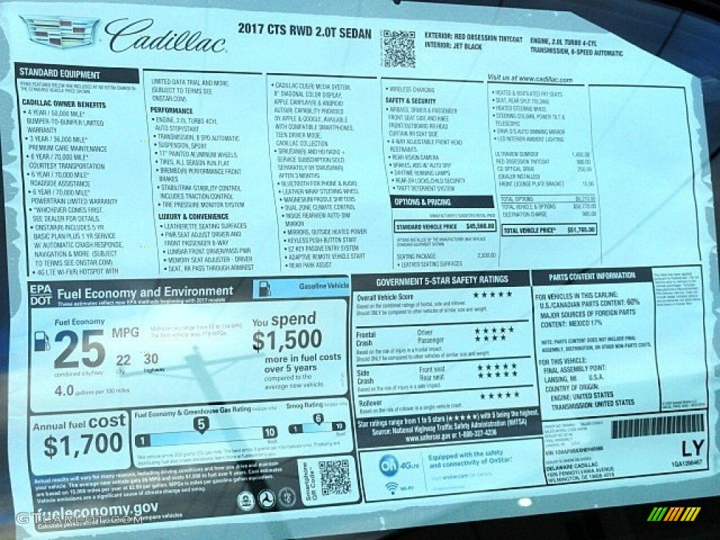 2017 Cadillac CTS FWD Window Sticker Photo #118787806