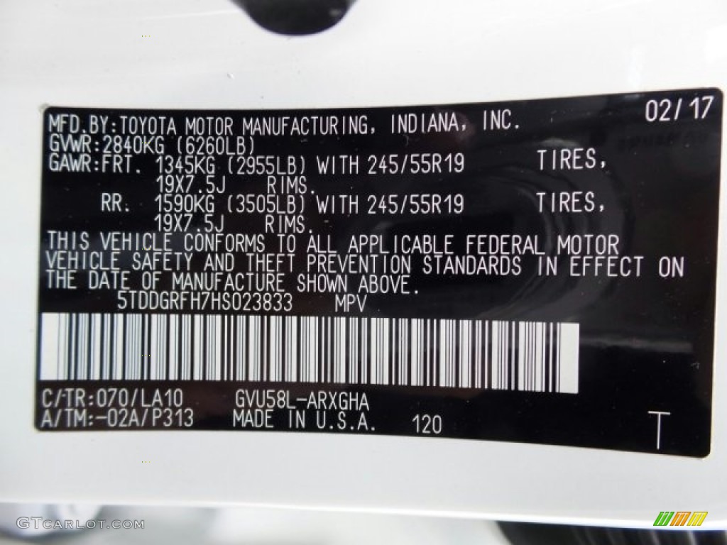 2017 Highlander Color Code 070 for Blizzard White Pearl Photo #118799504