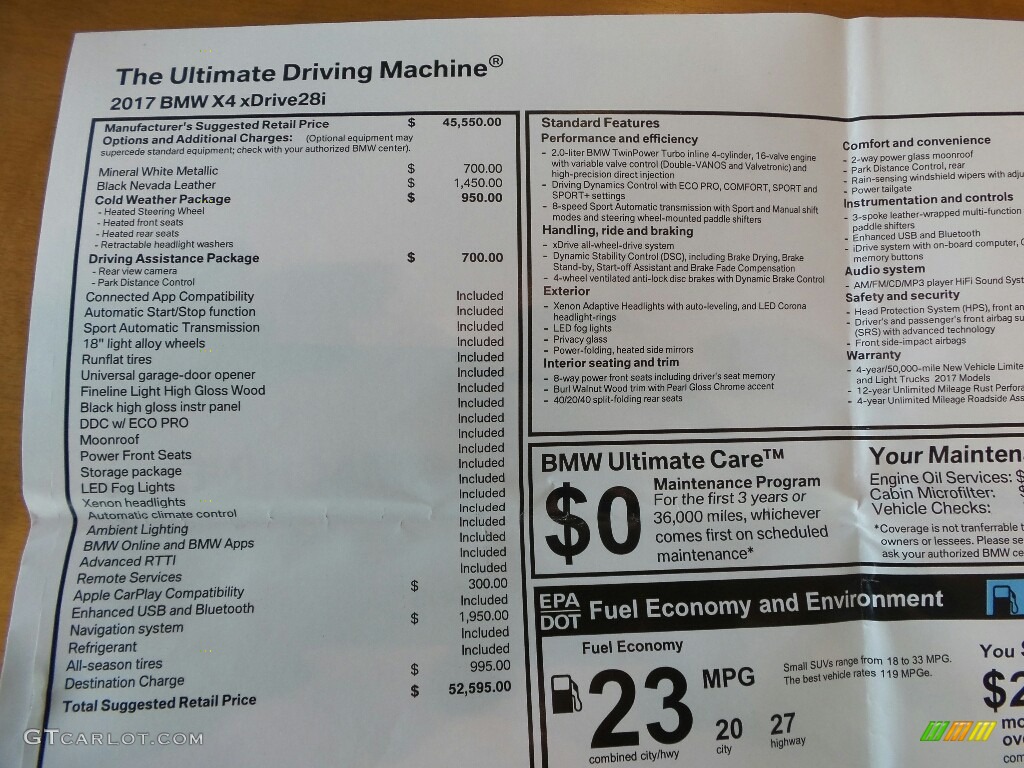 2017 BMW X4 xDrive28i Window Sticker Photo #118808460