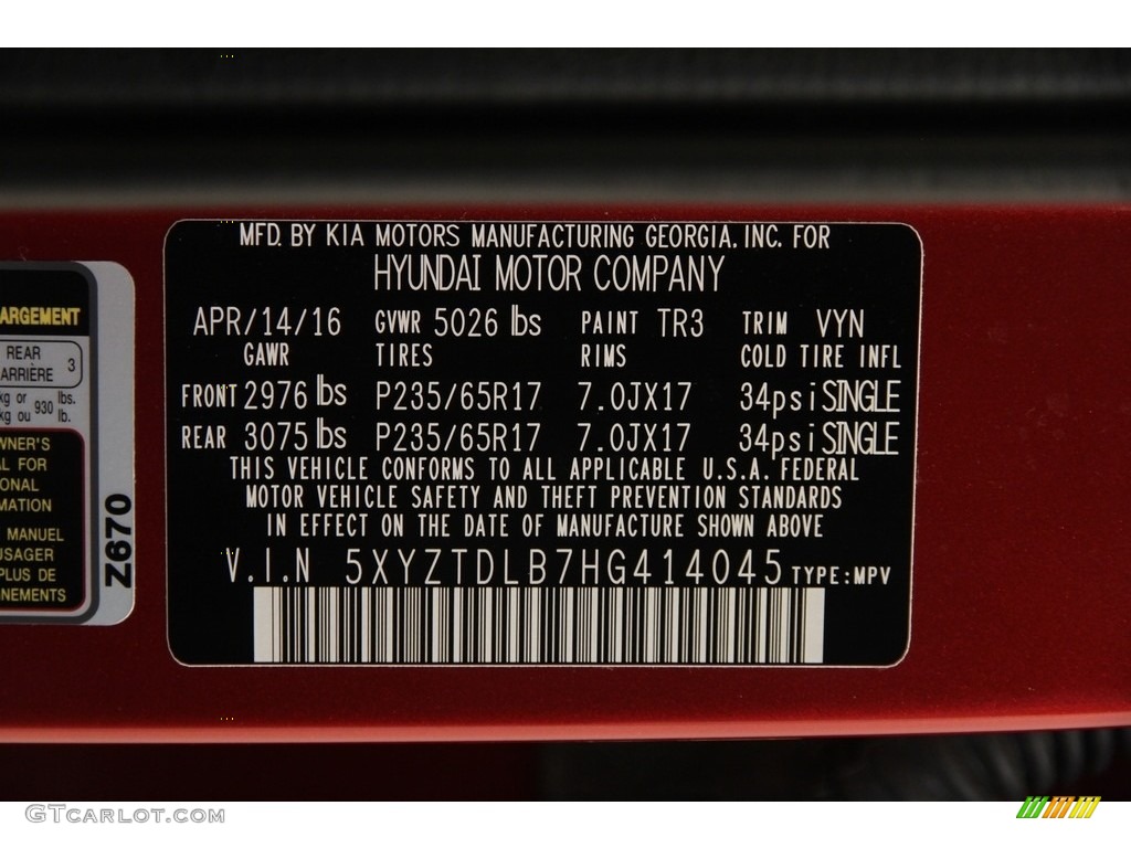 2017 Santa Fe Sport Color Code TR3 for Serrano Red Photo #118842092