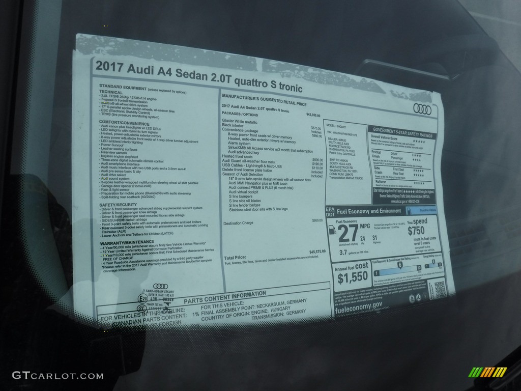 2017 Audi A4 2.0T Premium quattro Window Sticker Photo #118856795