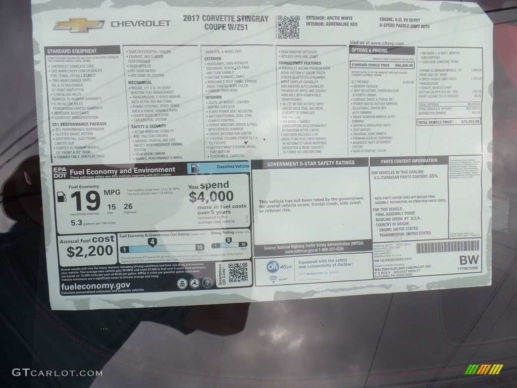 2017 Chevrolet Corvette Stingray Coupe Window Sticker Photo #118857179