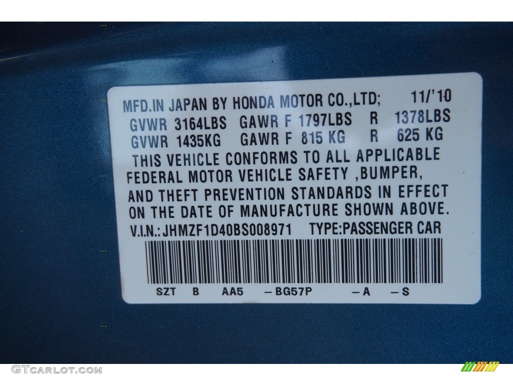2011 CR-Z Sport Hybrid - North Shore Blue Pearl / Gray Fabric photo #13