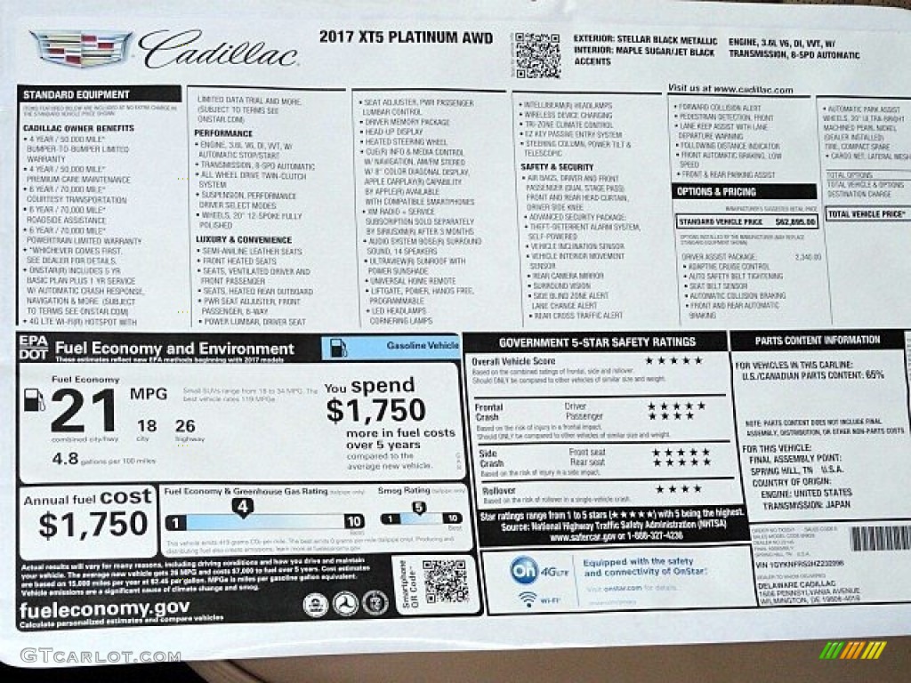 2017 Cadillac XT5 Platinum AWD Window Sticker Photo #118895611