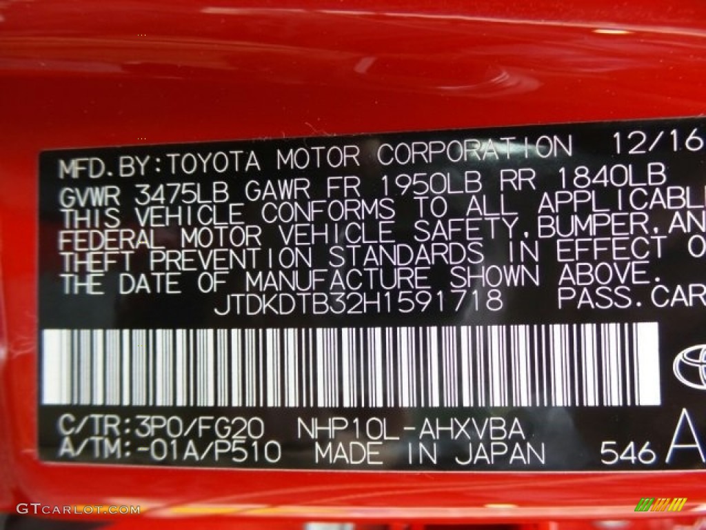 2017 Prius c Color Code 3P0 for Absolutly Red Photo #118902161