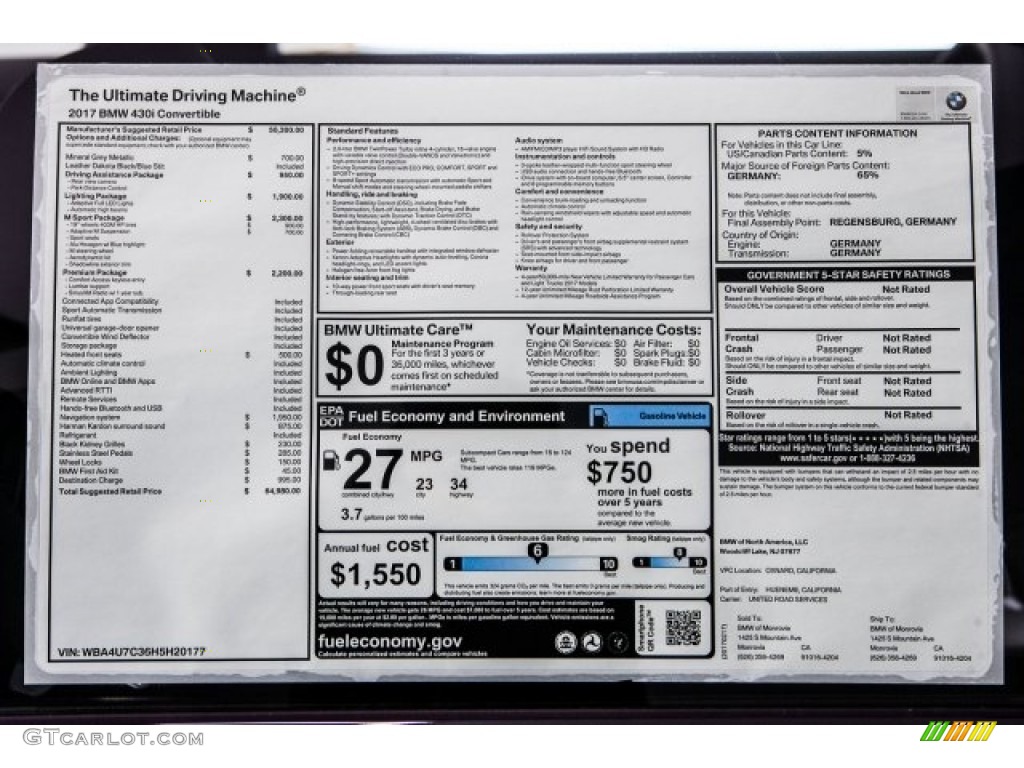 2017 BMW 4 Series 430i Convertible Window Sticker Photos