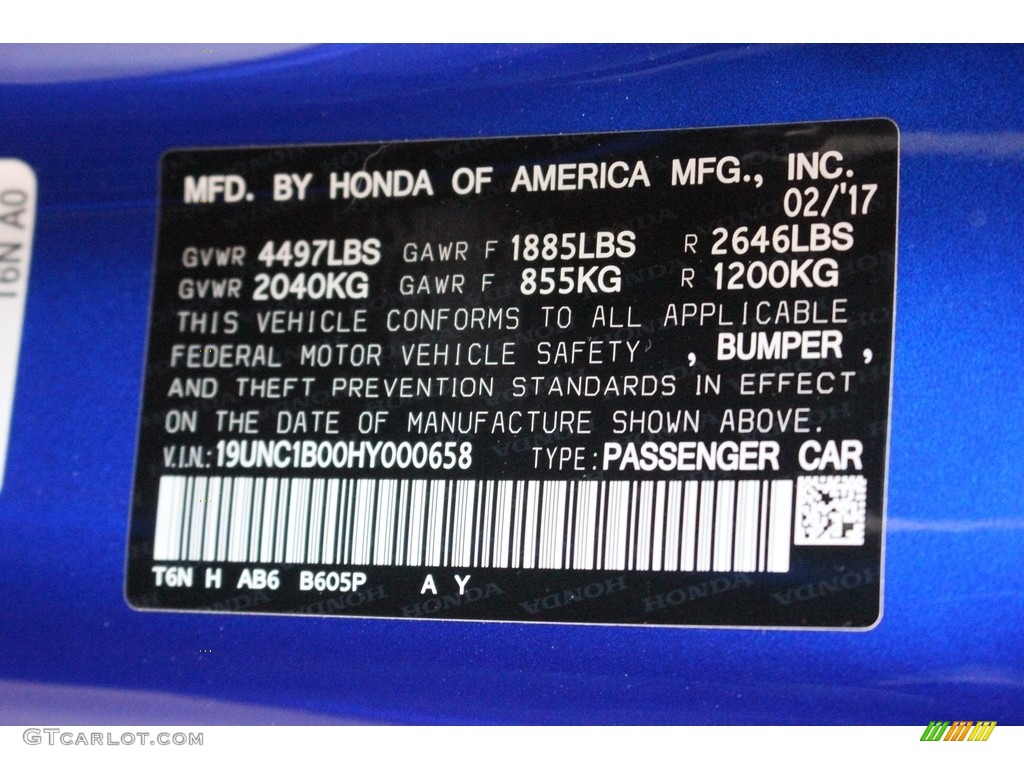2017 NSX Color Code B605P for Nouvelle Blue Pearl Photo #118930393