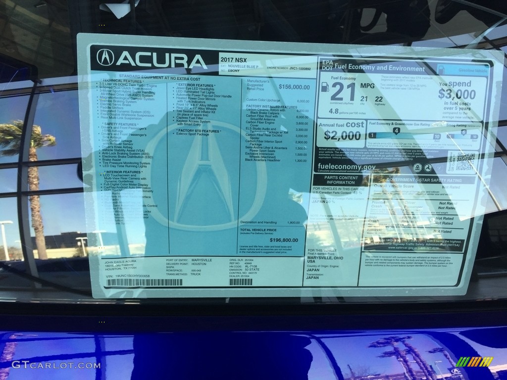 2017 Acura NSX Standard NSX Model Window Sticker Photo #118930423