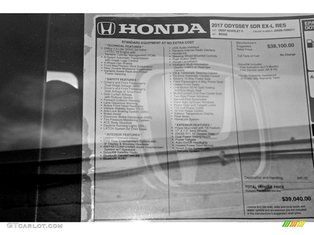 2017 Honda Odyssey EX-L Window Sticker Photo #118946176