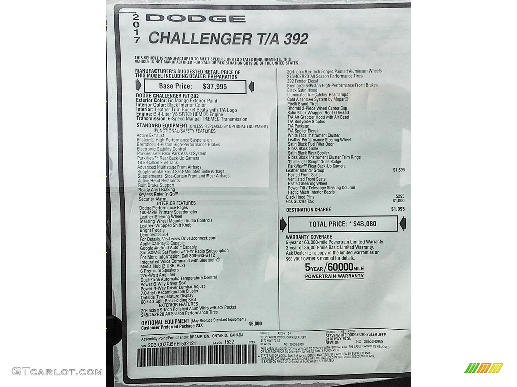 2017 Dodge Challenger T/A 392 Window Sticker Photos