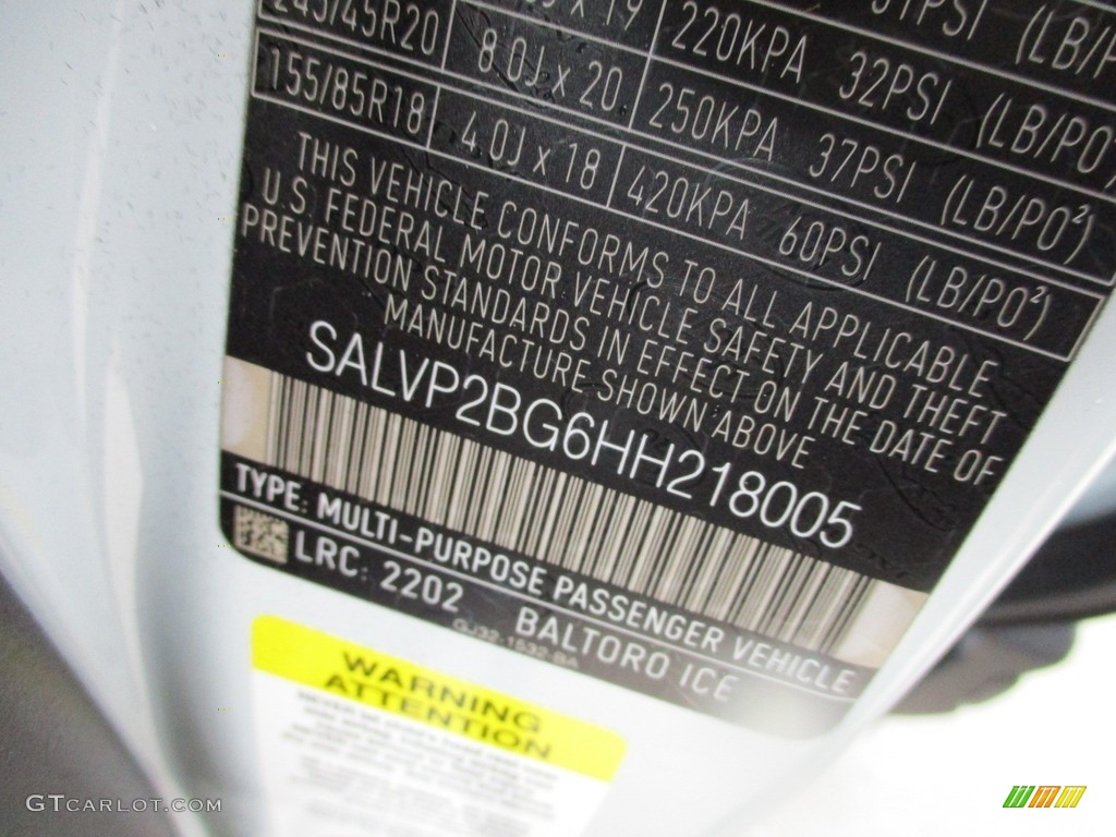 2017 Range Rover Evoque Color Code 2202 for Baltoro Ice Metallic Photo #118957127