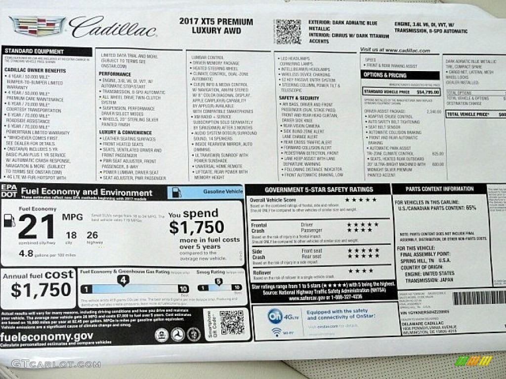 2017 Cadillac XT5 Premium Luxury AWD Window Sticker Photo #118981905