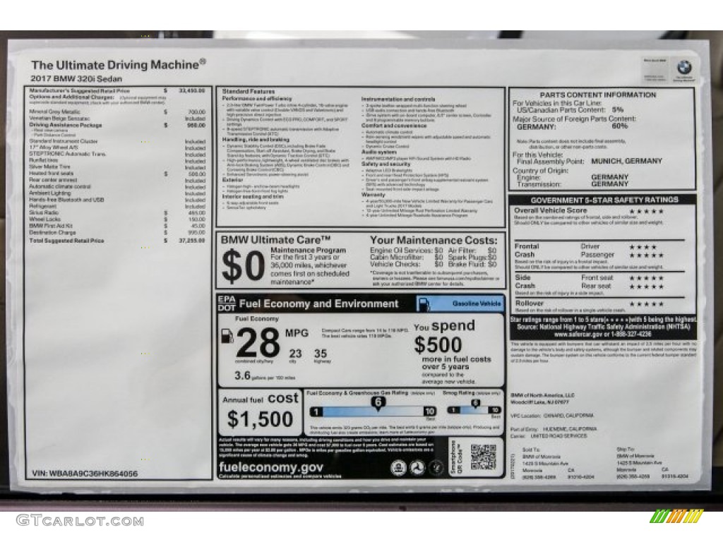 2017 BMW 3 Series 320i Sedan Window Sticker Photo #118991055