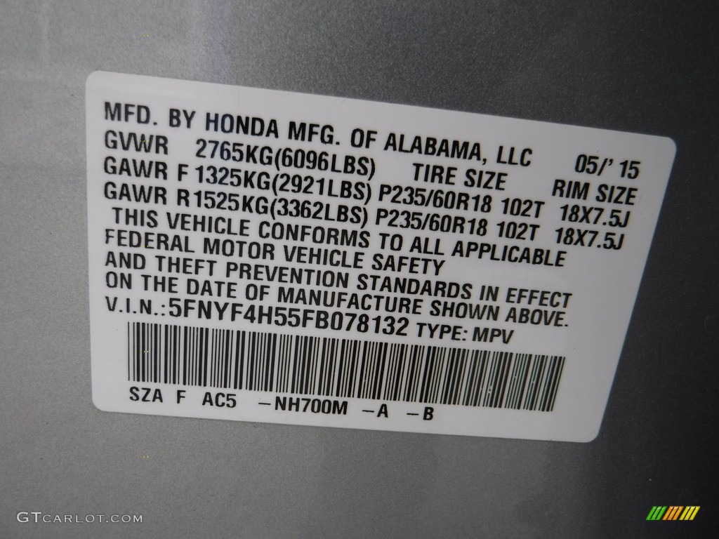 2015 Pilot EX-L 4WD - Alabaster Silver Metallic / Black photo #24